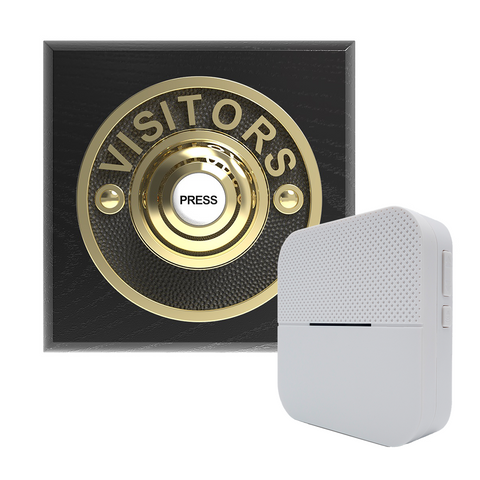 Traditional Wireless Doorbell - Vintage Style Square Black Ash Wooden Plinth and VISITORS Chrome Door Bell Push