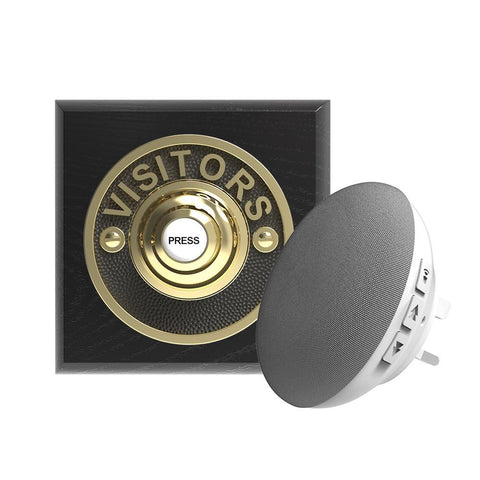 Traditional Wireless Doorbell - Vintage Style Square Black Ash Wooden Plinth and VISITORS Chrome Door Bell Push