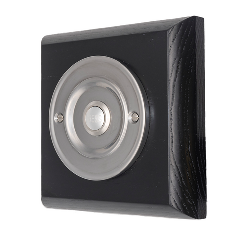 Modern Wireless Doorbell - Stylish Black Ash Square Wooden Plinth and Nickel Door Bell Push - Nickel PRESS Button