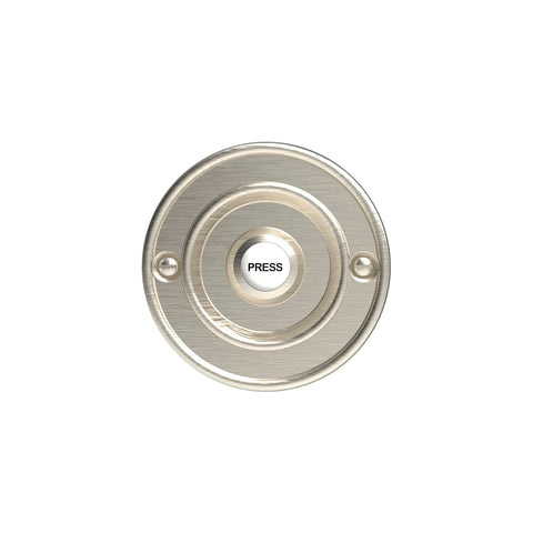 Wired Flush Fitting Doorbell Push Button, 76mm (3") diameter, in brushed Nickel with porcelain press