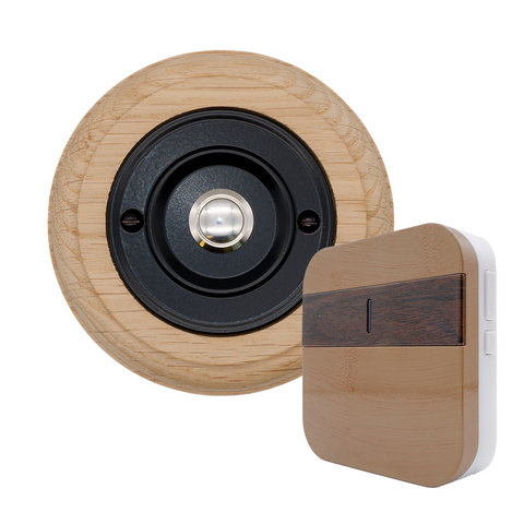 Modern Wireless Doorbell - Stylish Natural Round Wooden Plinth and Black Door Bell Push - Chrome Centre Button