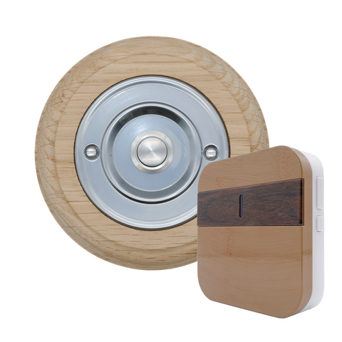 Modern Wireless Doorbell - Stylish Natural Round Wooden Plinth and Nickel Door Bell Push - Nickel Centre Button