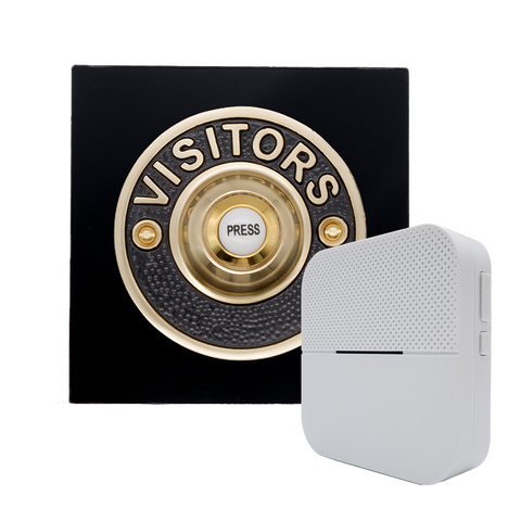 Modern Wireless Doorbell - Stylish Black Square Perspex Plinth and VISITORS Brass Door Bell Push