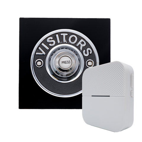 Modern Wireless Doorbell - Stylish Black Square Perspex Plinth and VISITORS Chrome Door Bell Push