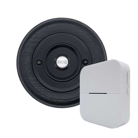 Modern Wireless Doorbell - Stylish Black Ash Round Wooden Plinth and Black Door Bell Push - Black PRESS Button