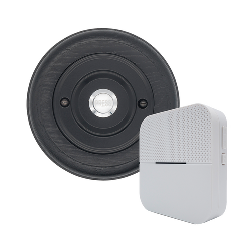 Modern Wireless Doorbell - Stylish Black Ash Round Wooden Plinth and Black Door Bell Push - Nickel PRESS Button