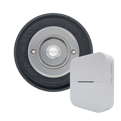 Modern Wireless Doorbell - Stylish Black Ash Round Wooden Plinth and Brushed Nickel Door Bell Push - Nickel PRESS Button