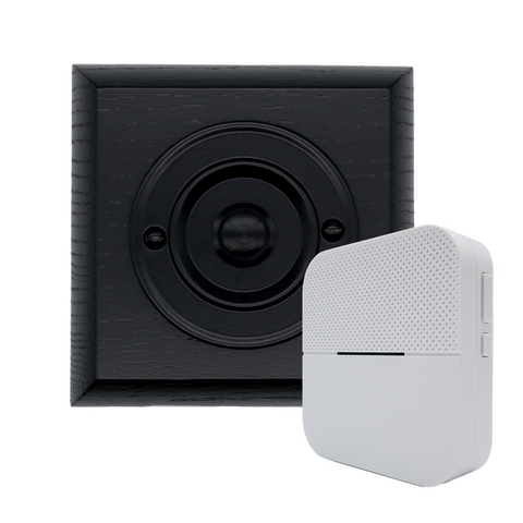 Modern Wireless Doorbell - Stylish Black Ash Square Wooden Plinth and Black Door Bell Push - Black PRESS Button