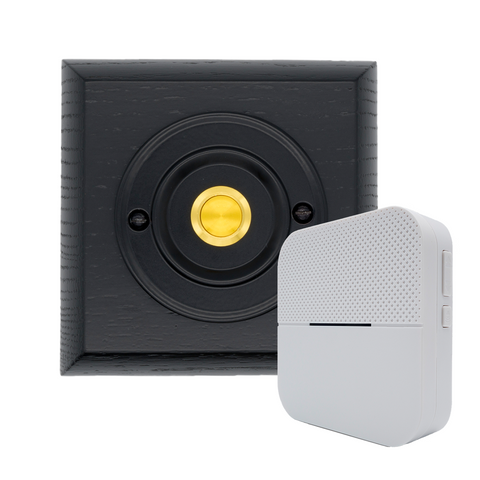 Modern Wireless Doorbell - Stylish Black Ash Square Wooden Plinth and Black Door Bell Push - Gold Centre Button