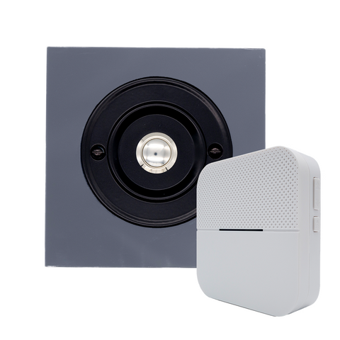 Modern Wireless Doorbell - Stylish Grey Square Perspex Plinth and Black Door Bell Push - Chrome Centre Button