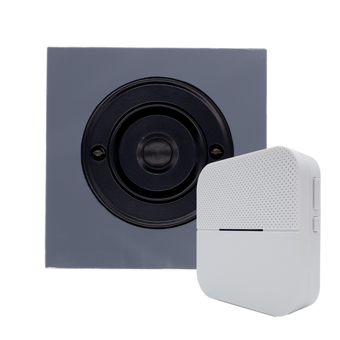 Modern Wireless Doorbell - Stylish Grey Square Perspex Plinth and Black Centre Door Bell Push - Black Centre Button