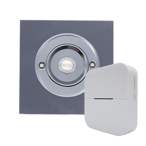 Modern Wireless Doorbell - Stylish Grey Square Perspex Plinth and Brushed Nickel Door Bell Push - Nickel PRESS Button