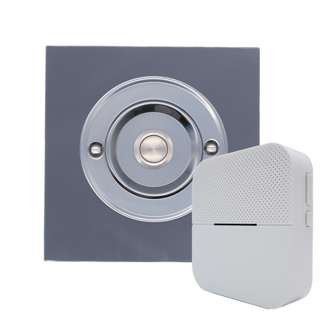 Modern Wireless Doorbell - Stylish Grey Square Perspex Plinth and Brushed Nickel Door Bell Push - Nickel Centre Button