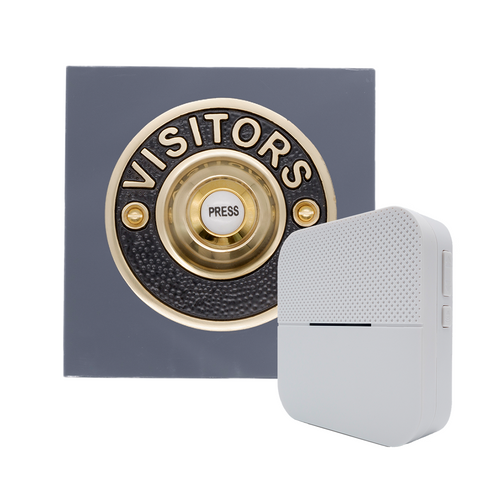 Modern Wireless Doorbell - Stylish Grey Square Perspex Plinth and VISITORS Brass Door Bell Push