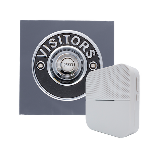 Modern Wireless Doorbell - Stylish Grey Square Perspex Plinth and VISITORS Chrome Door Bell Push
