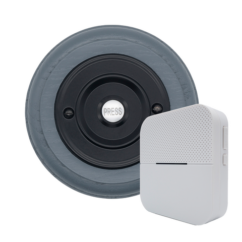 Modern Wireless Doorbell - Stylish Grey Ash Round Wooden Plinth and Black Door Bell Push - Black PRESS Button