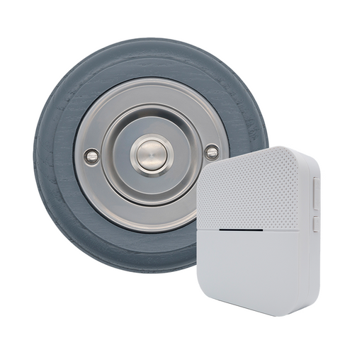 Modern Wireless Doorbell - Stylish Grey Ash Round Wooden Plinth and Nickel Door Bell Push - Nickel Centre Button