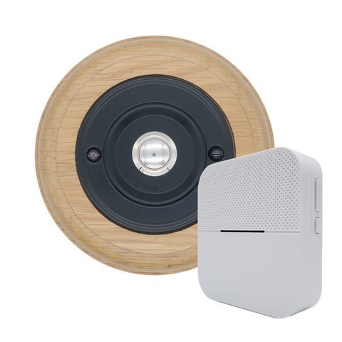 Modern Wireless Doorbell - Stylish Honey Round Wooden Plinth and Black Door Bell Push - Chrome  Centre Button
