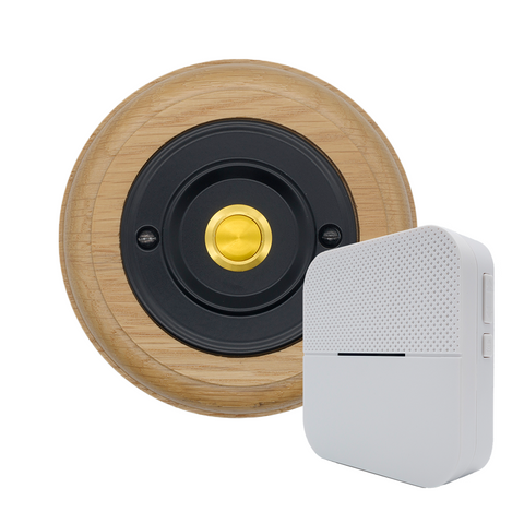 Modern Wireless Doorbell - Stylish Honey Round Wooden Plinth and Black Door Bell Push - Gold Centre Button