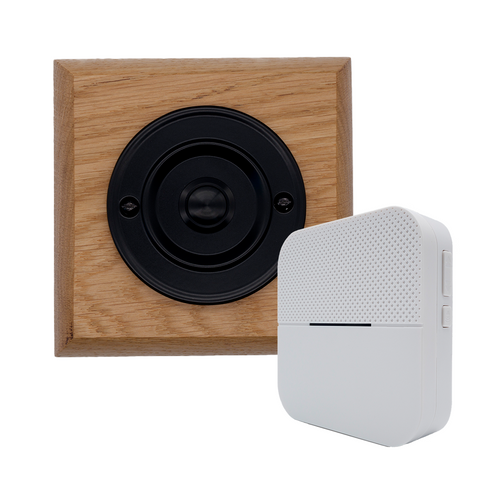 Modern Wireless Doorbell - Stylish Honey Square Wooden Plinth and Black Door Bell Push - Black Centre Button
