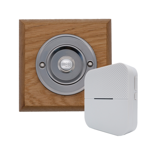 Modern Wireless Doorbell - Stylish Honey Square Wooden Plinth and Brushed Nickel Door Bell Push - Nickel PRESS Button