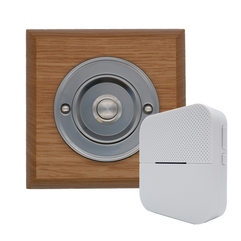 Modern Wireless Doorbell - Stylish Honey Square Wooden Plinth and Brushed Nickel Door Bell Push - Nickel Centre Button