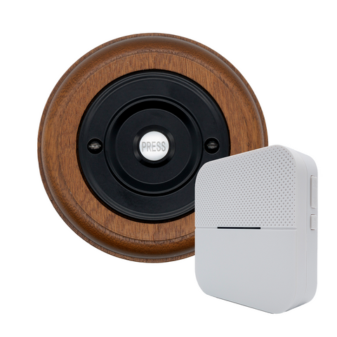 Modern Wireless Doorbell - Stylish Mahogany Round Wooden Plinth and Black Door Bell Push - Black PRESS Button