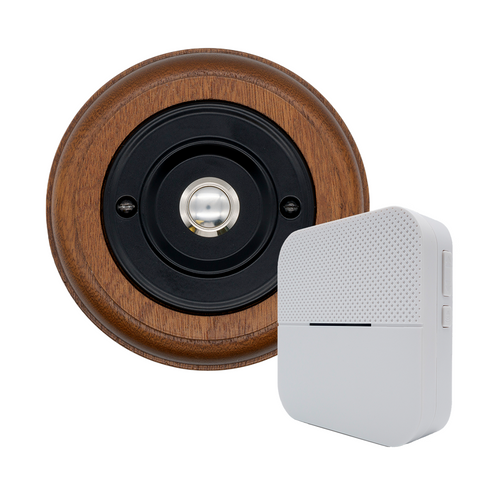 Modern Wireless Doorbell - Stylish Mahogany Round Wooden Plinth and Black Door Bell Push - Chrome Centre Button