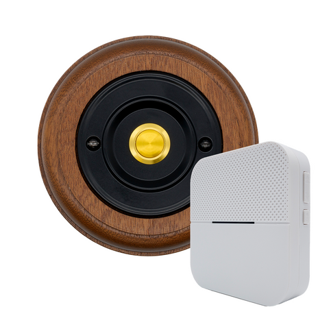 Modern Wireless Doorbell - Stylish Mahogany Round Wooden Plinth and Black Door Bell Push - Gold Centre Button