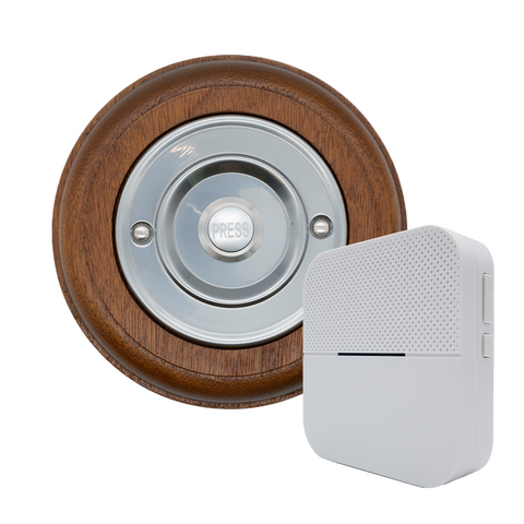 Modern Wireless Doorbell - Stylish Mahogany Round Wooden Plinth and Nickel Door Bell Push - Nickel PRESS Button