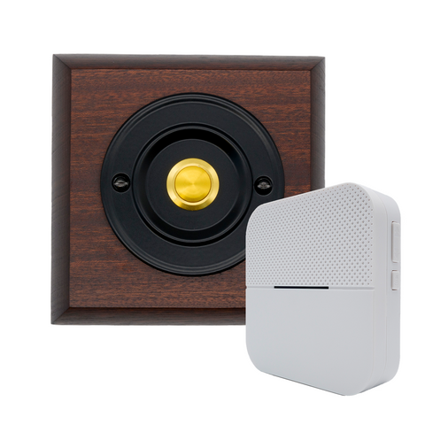 Modern Wireless Doorbell - Stylish Mahogany Square Wooden Plinth and Black Door Bell Push - Gold Centre Button