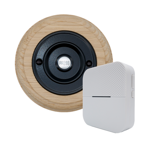 Modern Wireless Doorbell - Stylish Natural Round Wooden Plinth and Black Door Bell Push - Black PRESS Button
