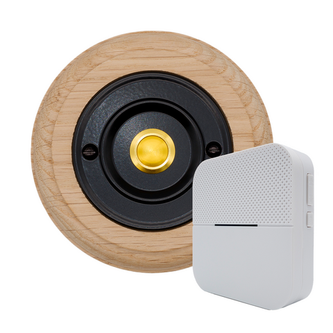 Modern Wireless Doorbell - Stylish Natural Round Wooden Plinth and Black Door Bell Push - Gold Centre Button