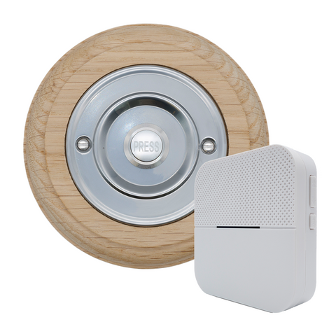 Modern Wireless Doorbell - Stylish Natural Round Wooden Plinth and Nickel Door Bell Push - Nickel PRESS Button