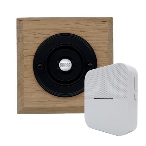 Modern Wireless Doorbell - Stylish Natural Square Wooden Plinth and Black Door Bell Push - Black PRESS Button