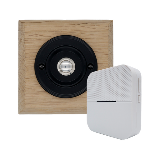 Modern Wireless Doorbell - Stylish Natural Square Wooden Plinth and Black Door Bell Push - Chrome Centre Button
