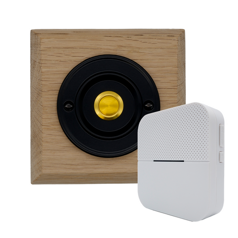 Modern Wireless Doorbell - Stylish Natural Square Wooden Plinth and Black Door Bell Push - Gold Centre Button