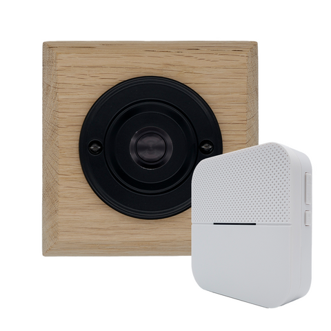 Modern Wireless Doorbell - Stylish Natural Square Wooden Plinth and Black Door Bell Push - Black Centre Button