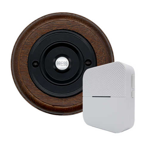 Modern Wireless Doorbell - Stylish Tudor Round Wooden Plinth and Black Door Bell Push - Black PRESS Button
