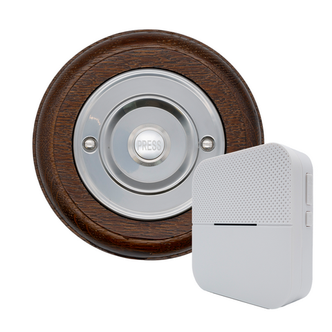 Modern Wireless Doorbell - Stylish Tudor Round Wooden Plinth and Brushed Nickel Door Bell Push - Nickel PRESS Button