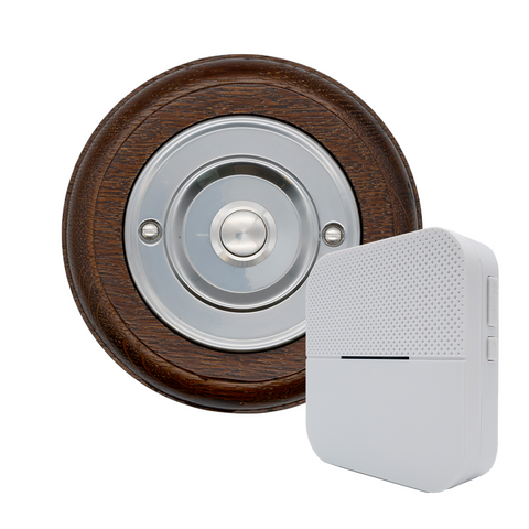 Modern Wireless Doorbell - Stylish Tudor Round Wooden Plinth and Brushed Nickel Door Bell Push - Nickel Centre Button