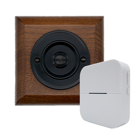 Modern Wireless Doorbell - Stylish Tudor Square Wooden Plinth and Black Door Bell Push - Black Centre Button