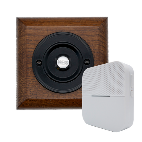 Modern Wireless Doorbell - Stylish Tudor Square Wooden Plinth and Black Door Bell Push - Black Centre Button Black PRESS