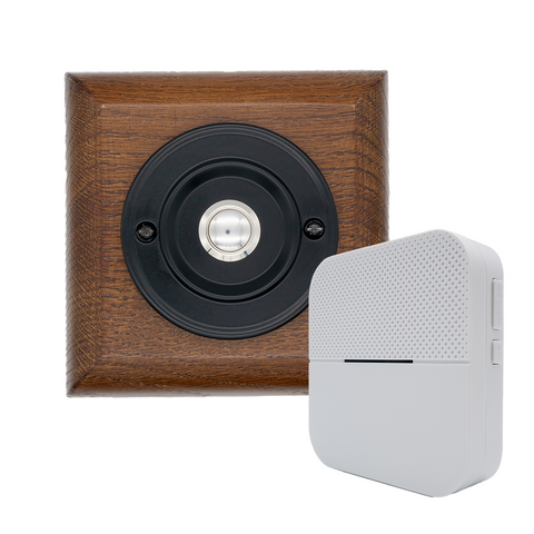 Modern Wireless Doorbell - Stylish Tudor Square Wooden Plinth and Black Door Bell Push - Chrome Centre Button