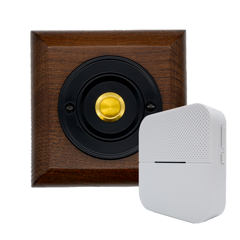 Modern Wireless Doorbell - Stylish Tudor Square Wooden Plinth and Black Door Bell Push - Gold Centre Button