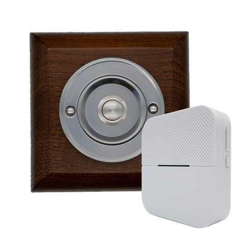 Modern Wireless Doorbell - Stylish Tudor Square Wooden Plinth and Brushed Nickel Door Bell Push - Nickel Centre Button