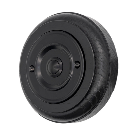 Modern Wireless Doorbell - Stylish Black Ash Round Wooden Plinth and Black Door Bell Push - Black Centre Button