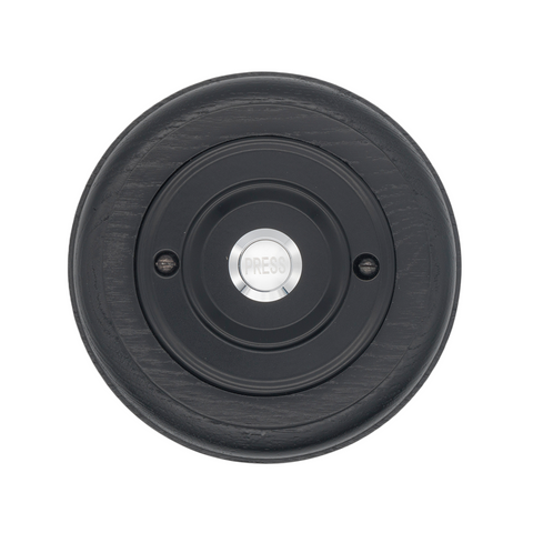 Modern Wireless Doorbell - Stylish Black Ash Round Wooden Plinth and Black Door Bell Push - Chrome Centre Button
