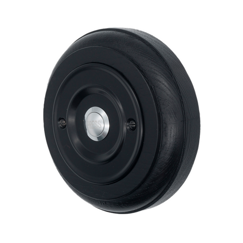 Modern Wireless Doorbell - Stylish Black Ash Round Wooden Plinth and Black Door Bell Push - Chrome Centre Button