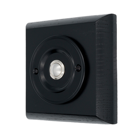 Modern Wireless Doorbell - Stylish Black Ash Square Wooden Plinth and Black Door Bell Push - Chrome Centre Button
